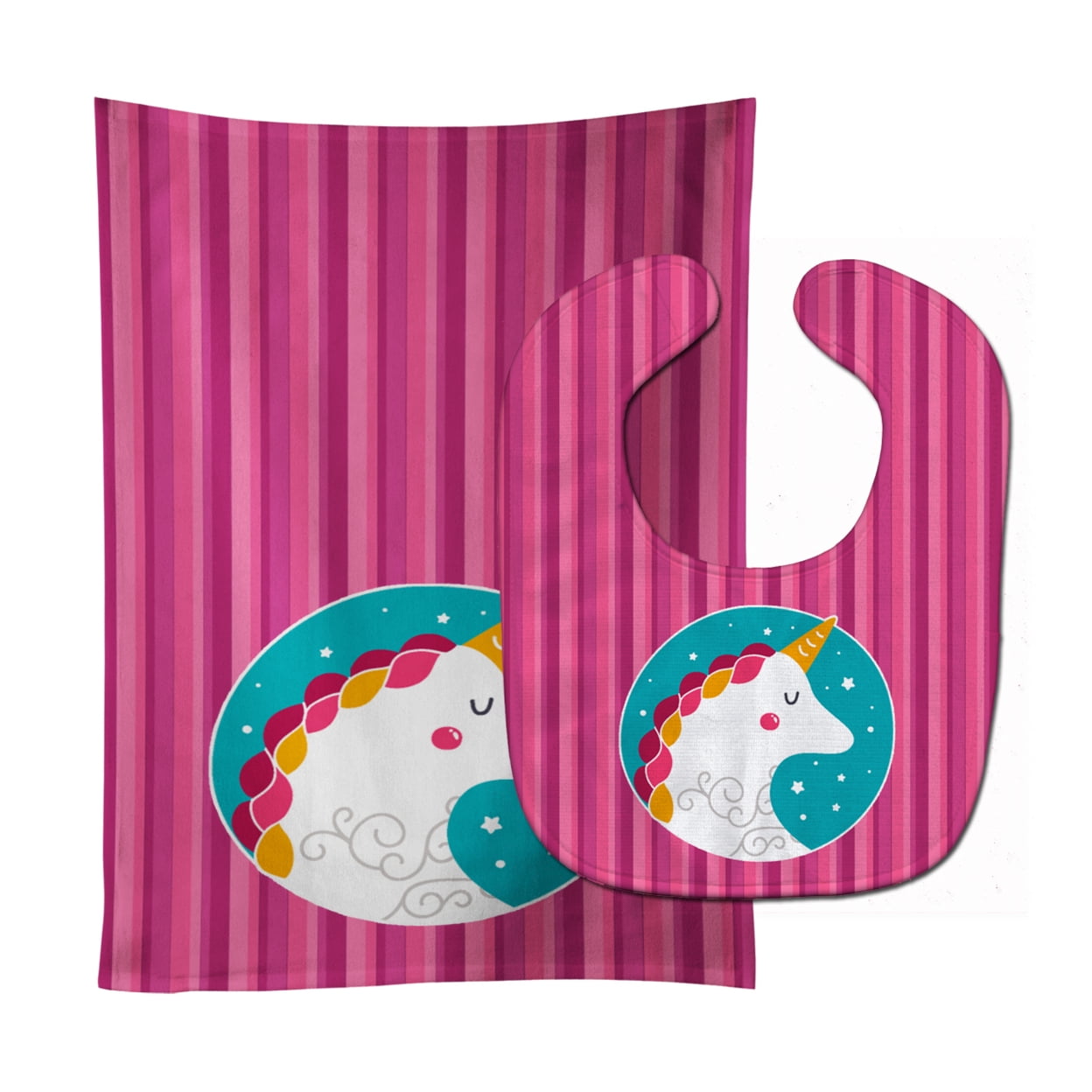 Unicorn Pink Stripes Baby Bib & Burp Cloth