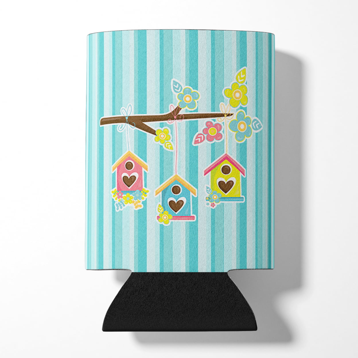 Birdhouses on Blue Stripes Can or Bottle Hugger