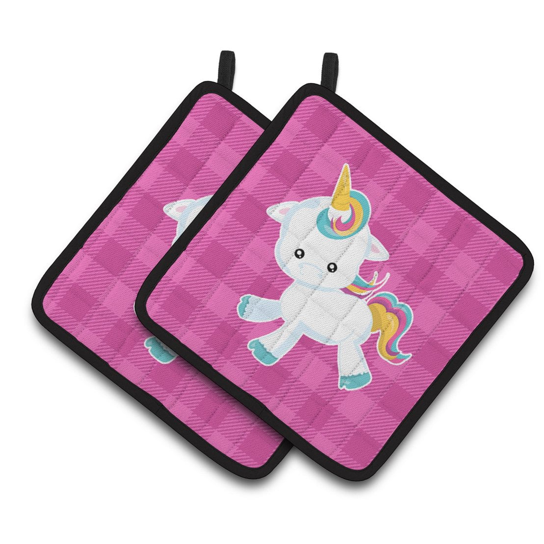 Pink Plaid Unicorn Pair of Pot Holders
