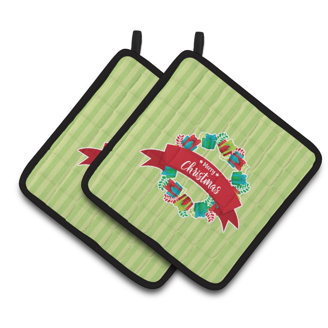 Christmas Wreath Presents Green Pair of Pot Holders