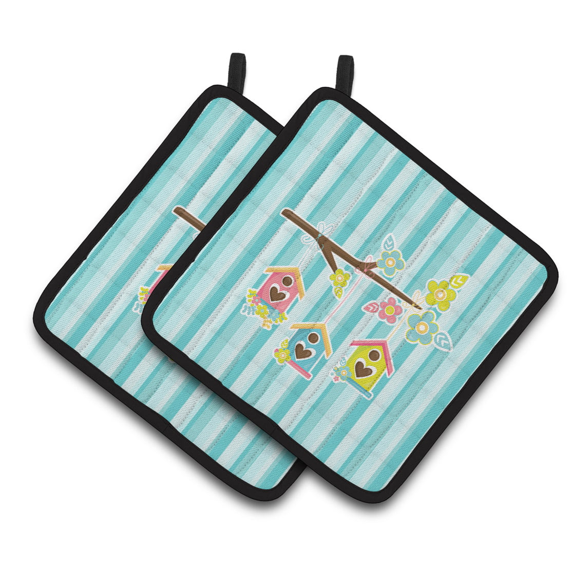 BB7011PTHD Birdhouses on Blue Stripes Pair of Pot Holders