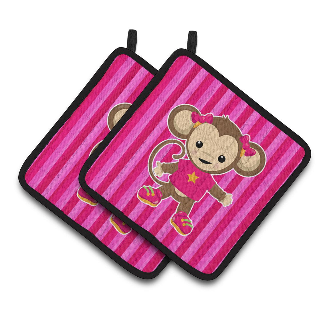Monkey on Pink Stripes Pair of Pot Holders