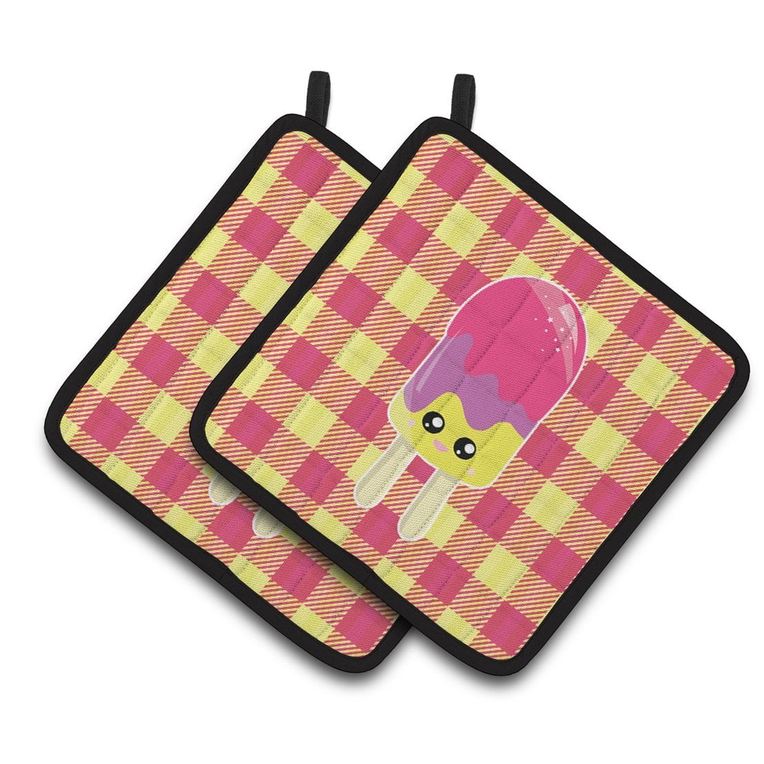 Ice Pop Popsicle Face Gingham Pair of Pot Holders
