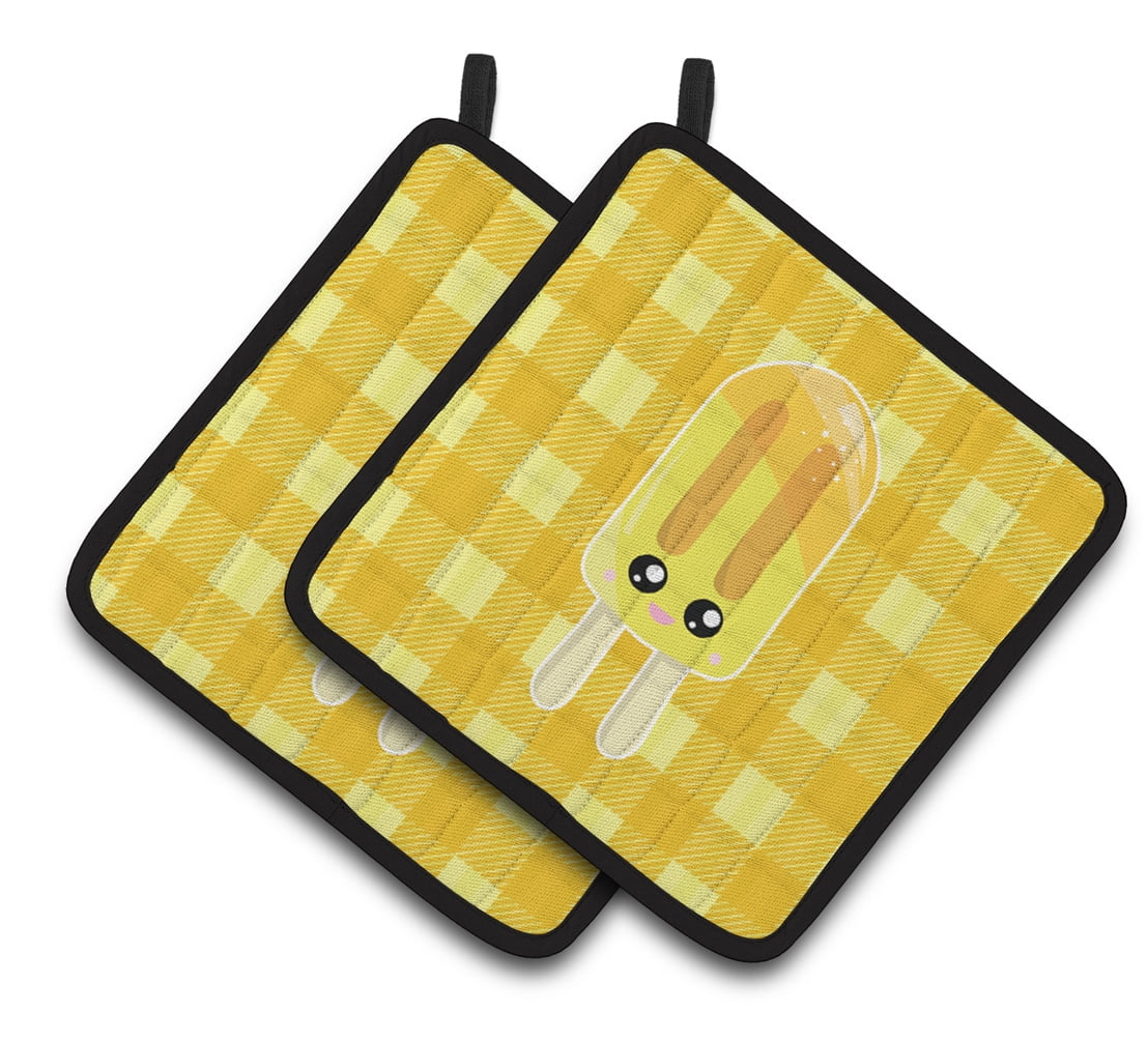 Ice Pop Popsicle Face Gingham Yellow Pair of Pot Holders