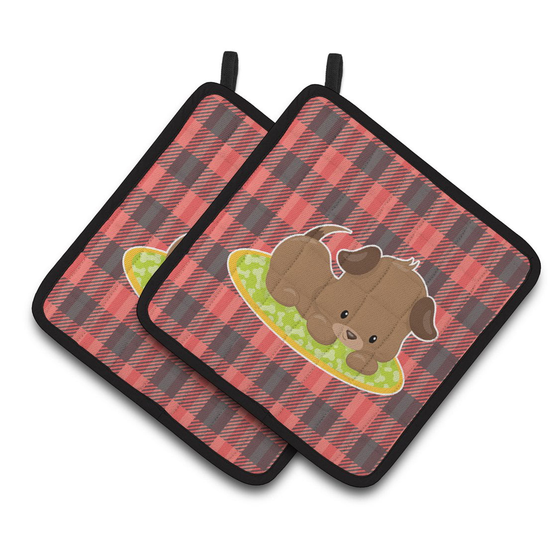 BB7072PTHD Puppy on Black Red Gingham Pair of Pot Holders