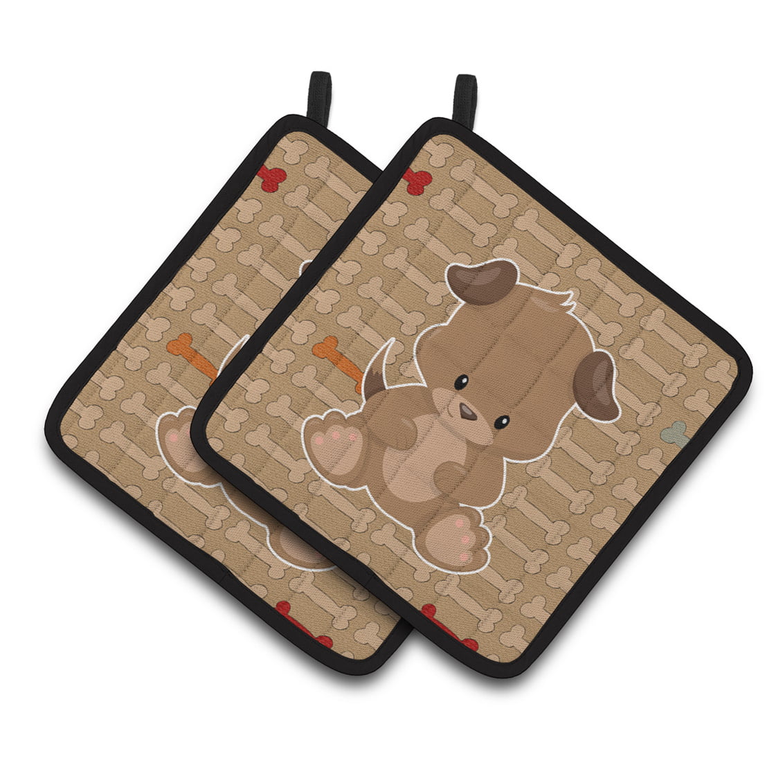 Puppy on Brown Bones Pair of Pot Holders