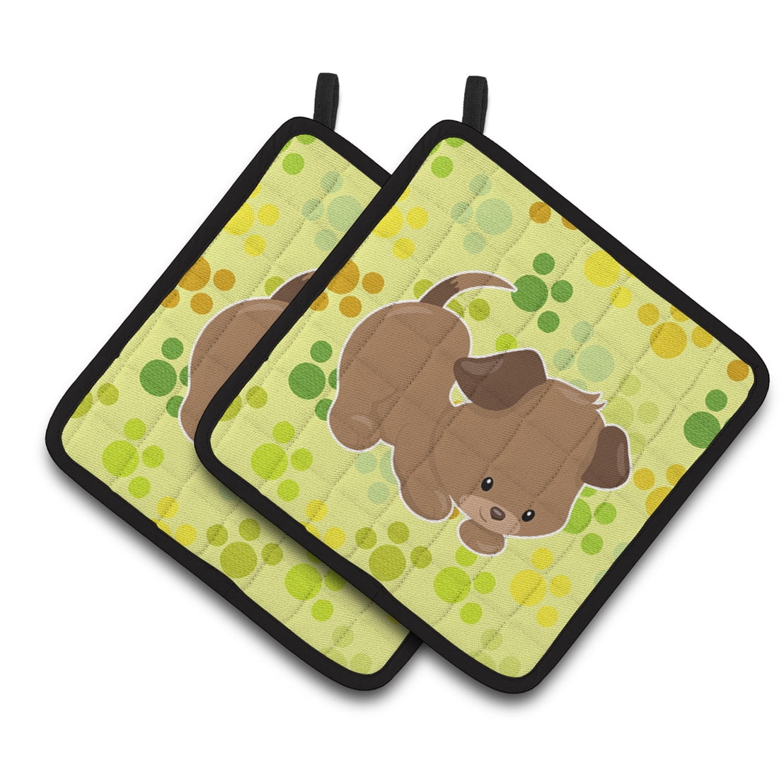 Puppy on Green Pawprints Pair of Pot Holders