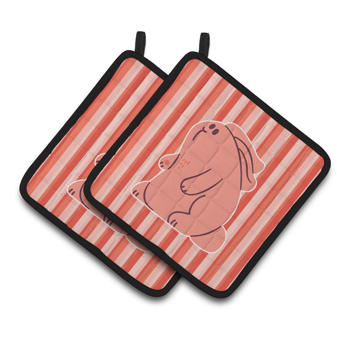 Rabbit on Pink Stripes Pair of Pot Holders