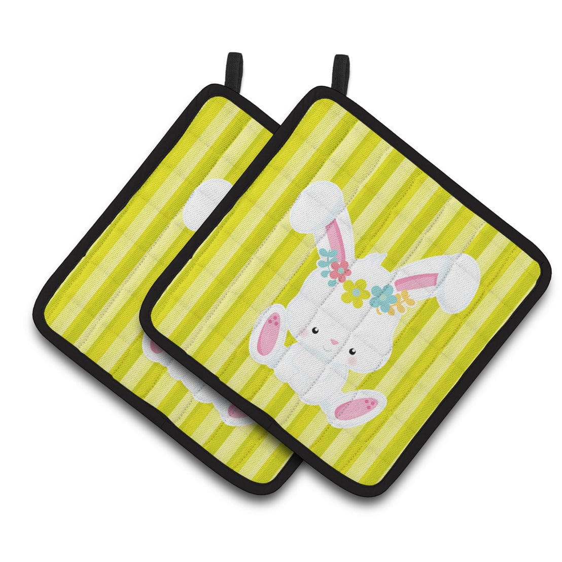 BB7093PTHD Easter White Rabbit With Flowers Pair of Pot Holders