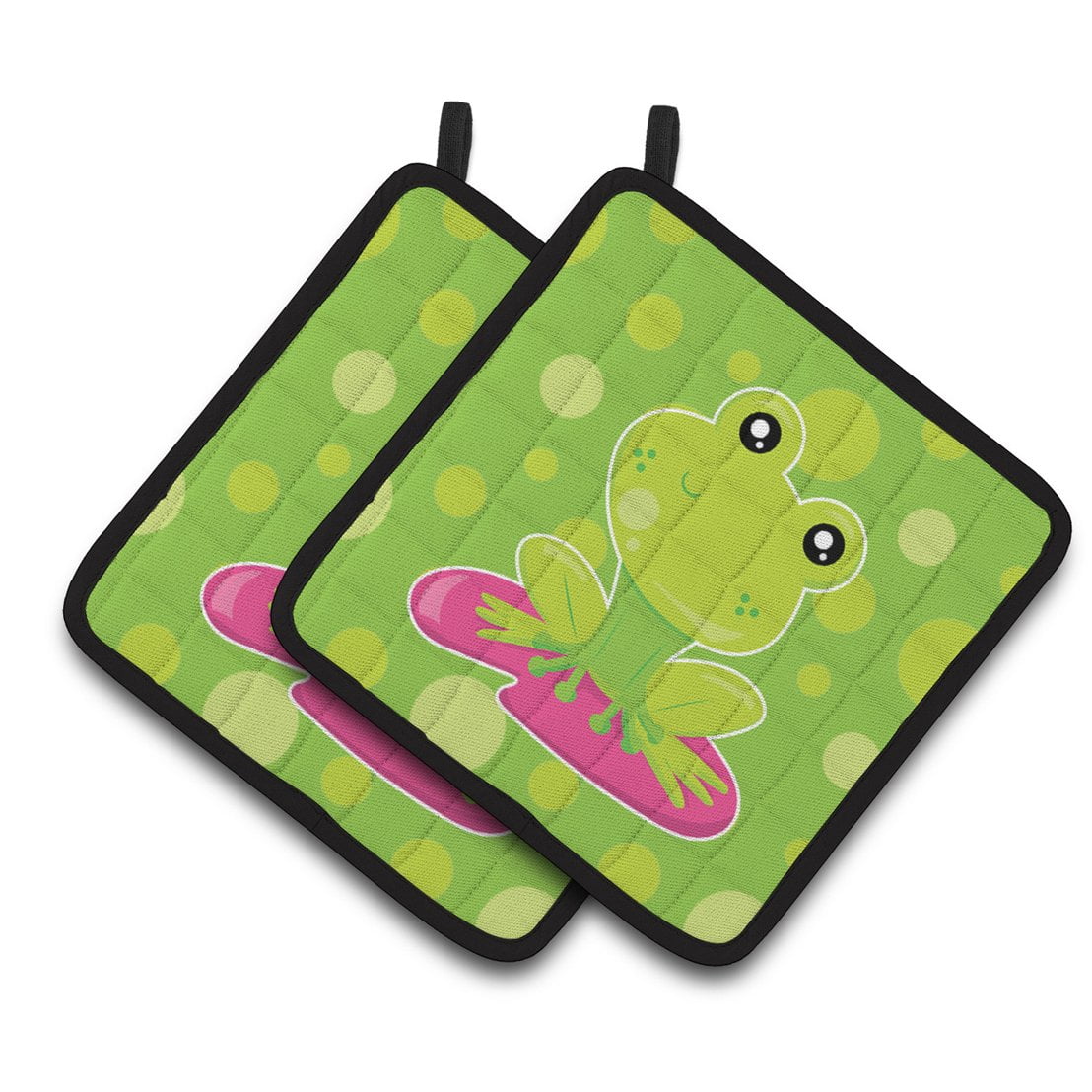 Frog on Lily Pad Green Polkadots Pair of Pot Holders