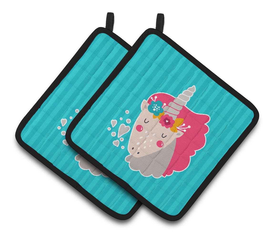 Unicorn Blue Stripes Pair of Pot Holders