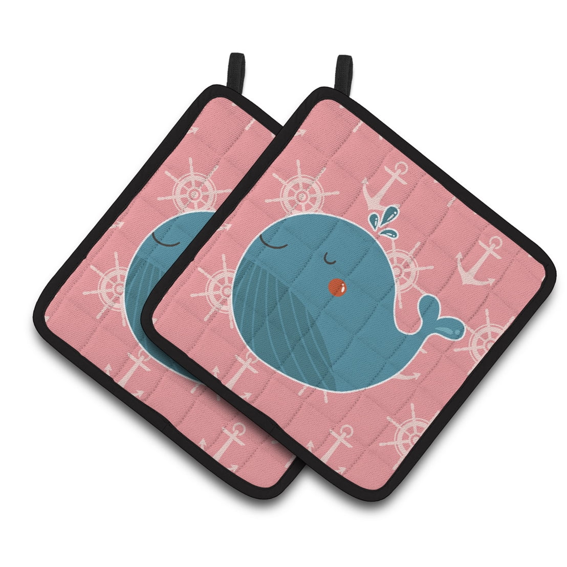 Whale on Pink Nautical Pair of Pot Holders