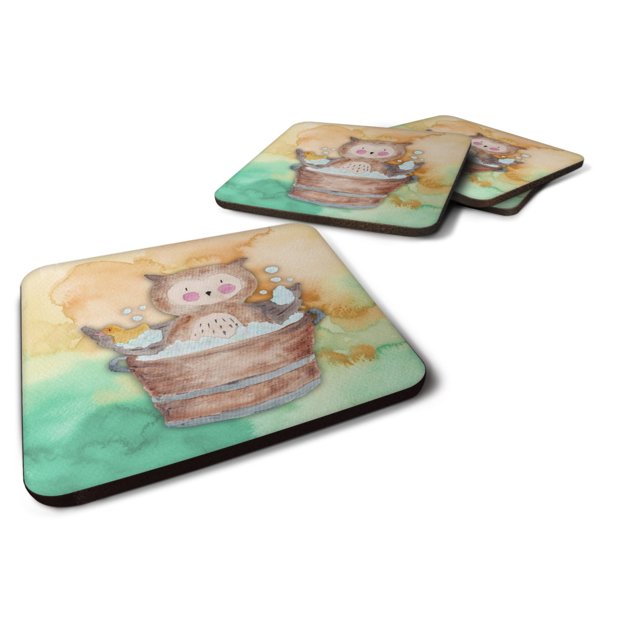 Owl Bathing Watercolor Foam Coasters - Set of 4