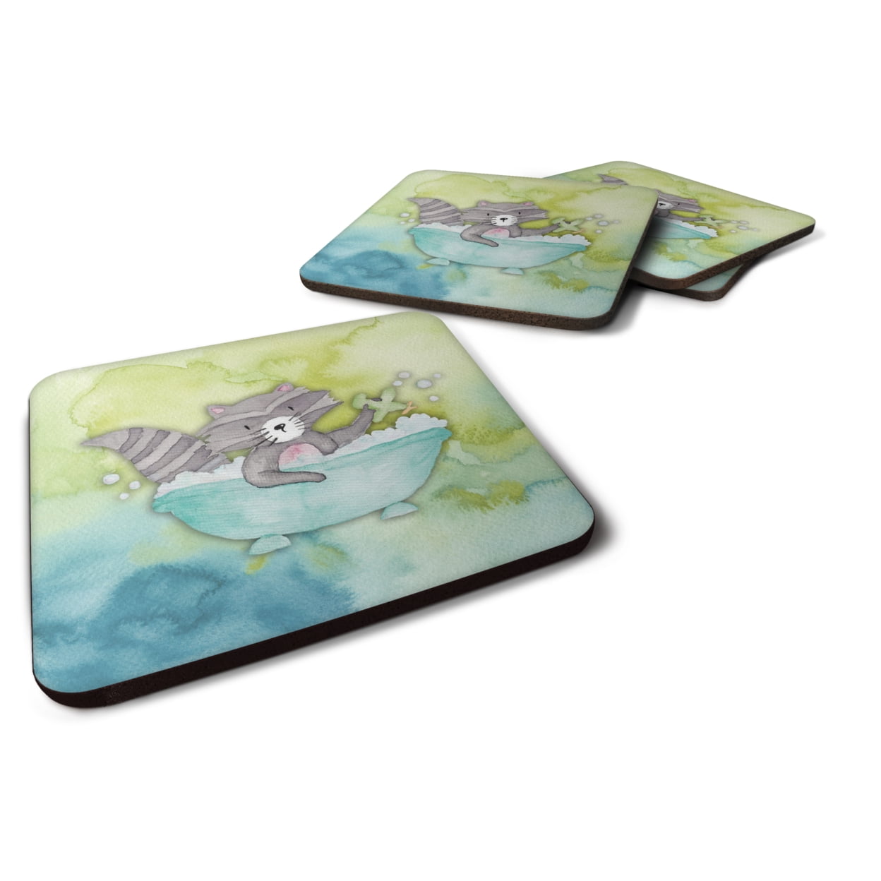 BB7345FC Raccoon Bathing Watercolor Foam Coasters - Set of 4