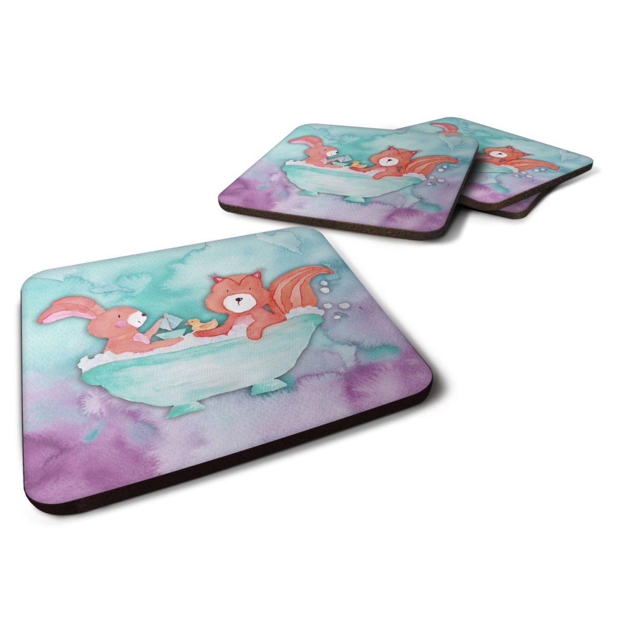 Rabbit & Squirrel Bathing Watercolor Foam Coasters - Set of 4
