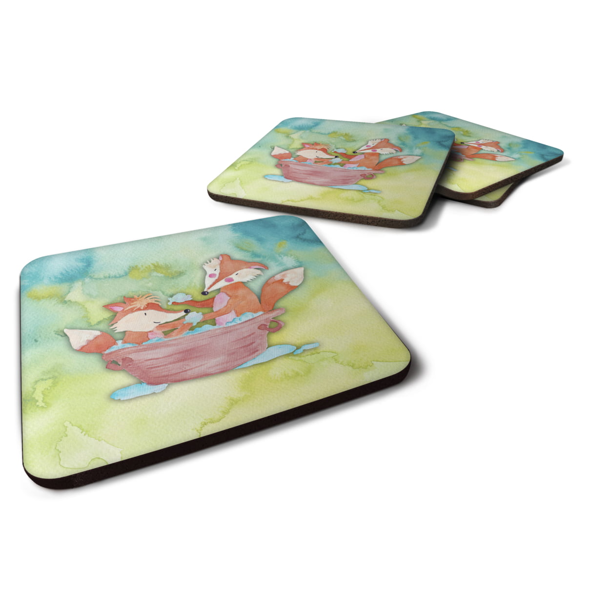 Foxes Bathing Watercolor Foam Coasters - Set of 4