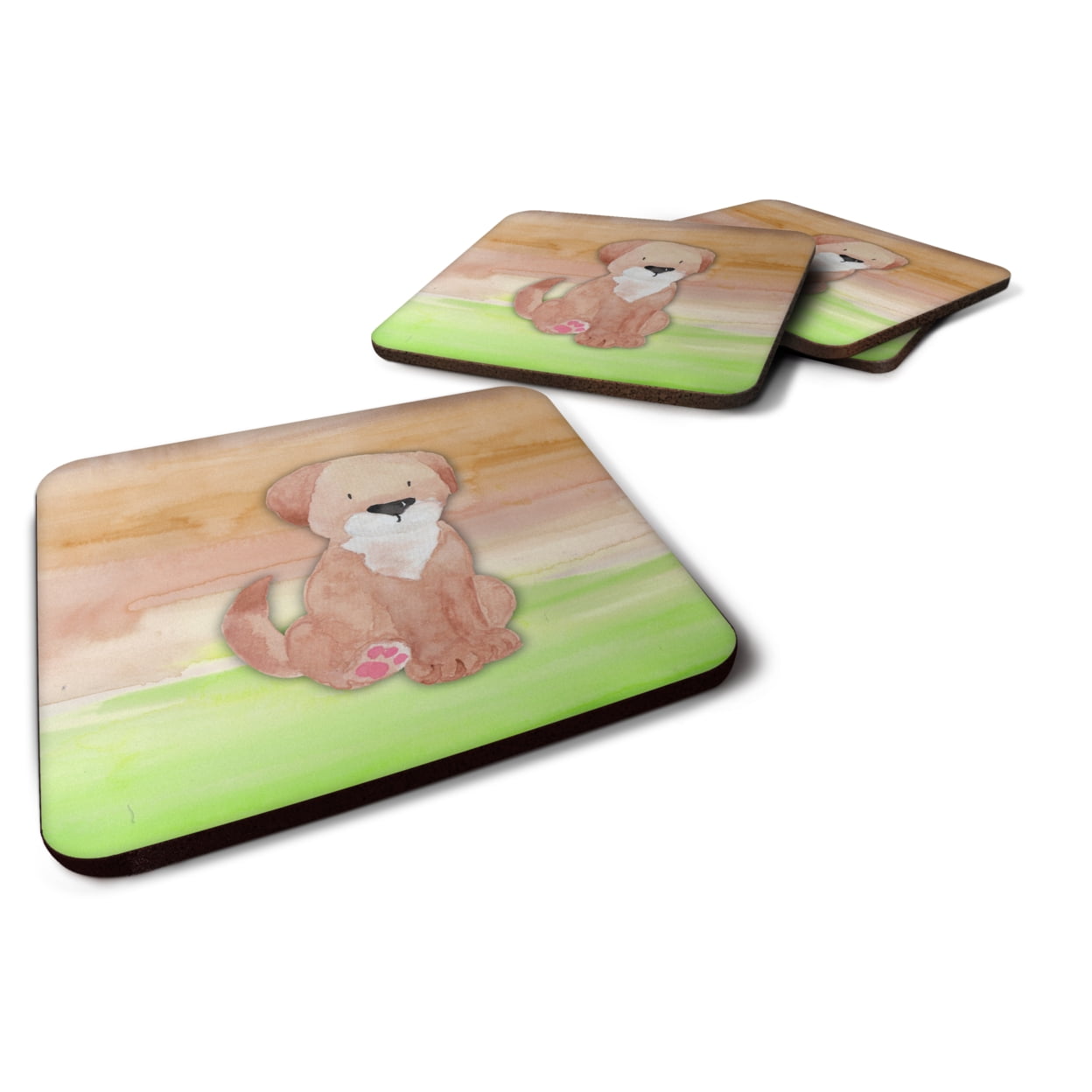 BB7360FC Dog Green & Brown Watercolor Foam Coasters - Set of 4