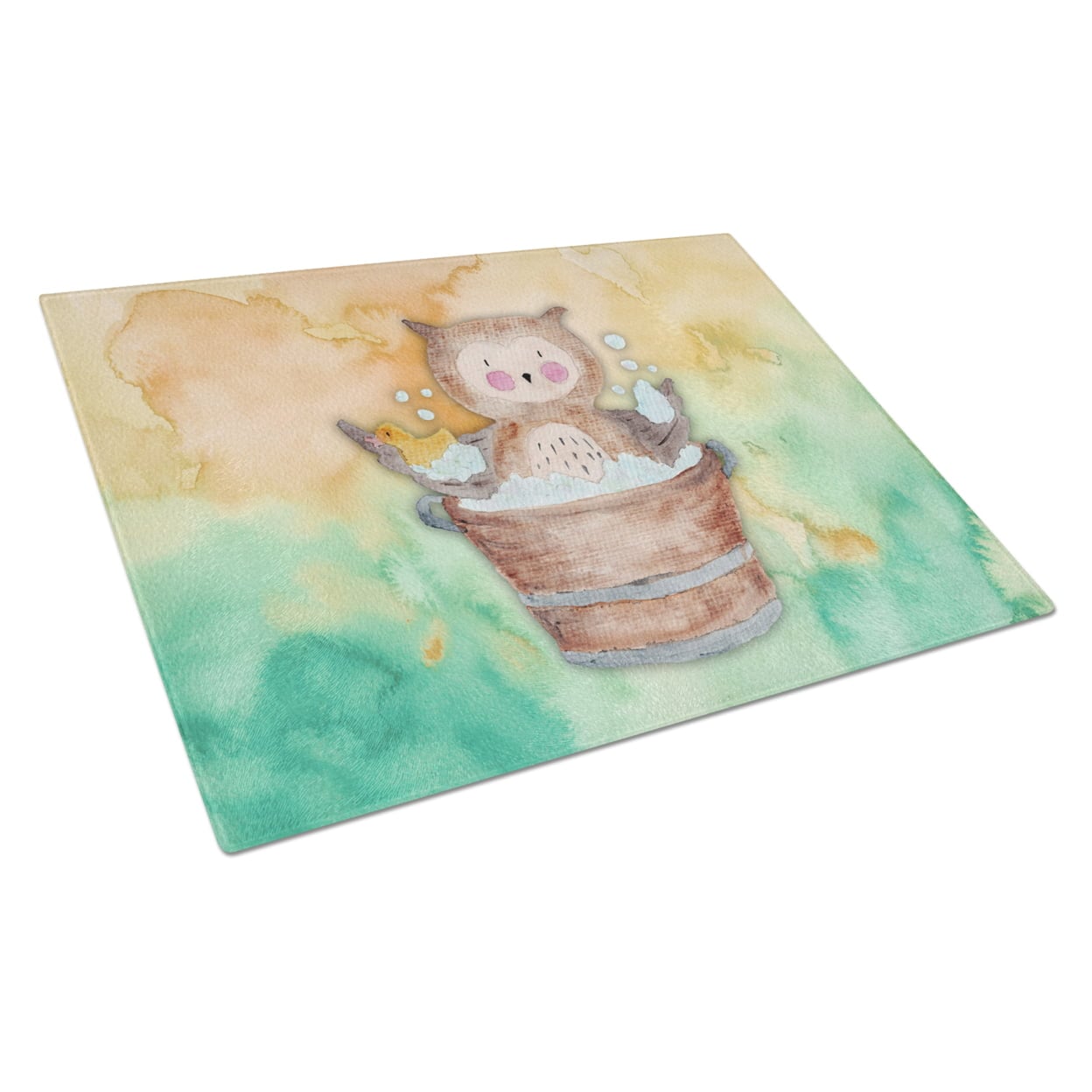 Owl Bathing Watercolor Glass Cutting Board - Large