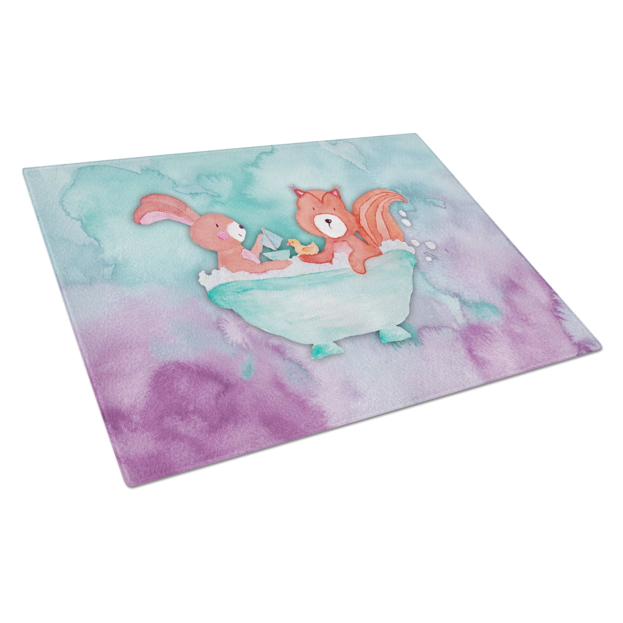 Rabbit & Squirrel Bathing Watercolor Glass Cutting Board - Large