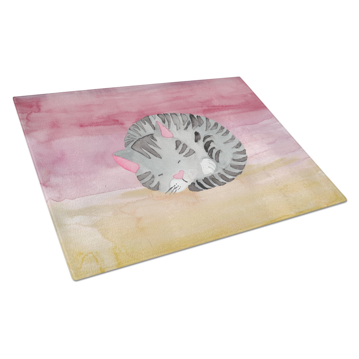 Sleeping Grey Cat Watercolor Glass Cutting Board - Large