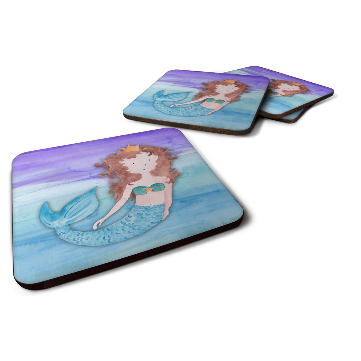 BB7422FC Brunette Mermaid Watercolor Foam Coasters - Set of 4