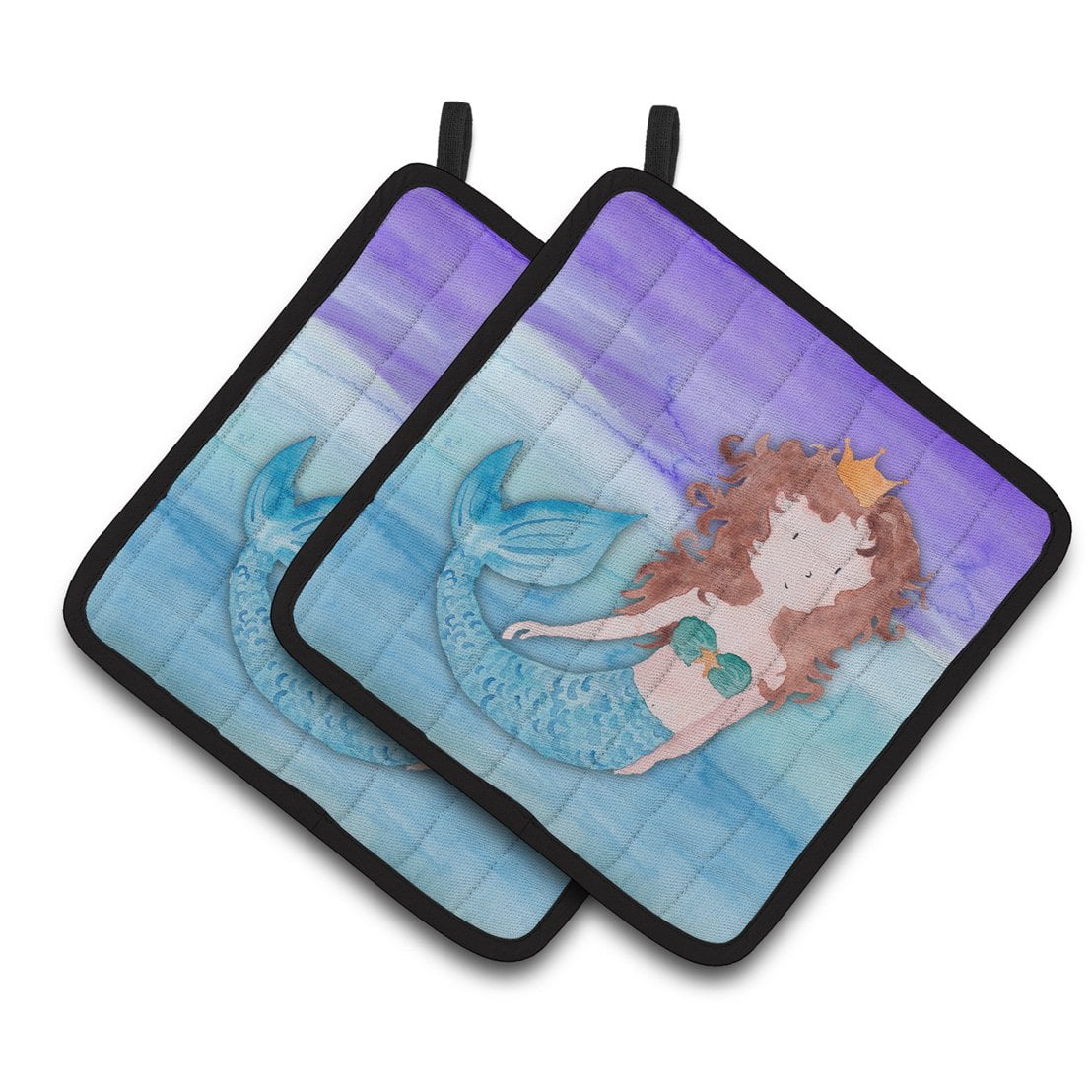Brunette Mermaid Watercolor Pair of Pot Holders