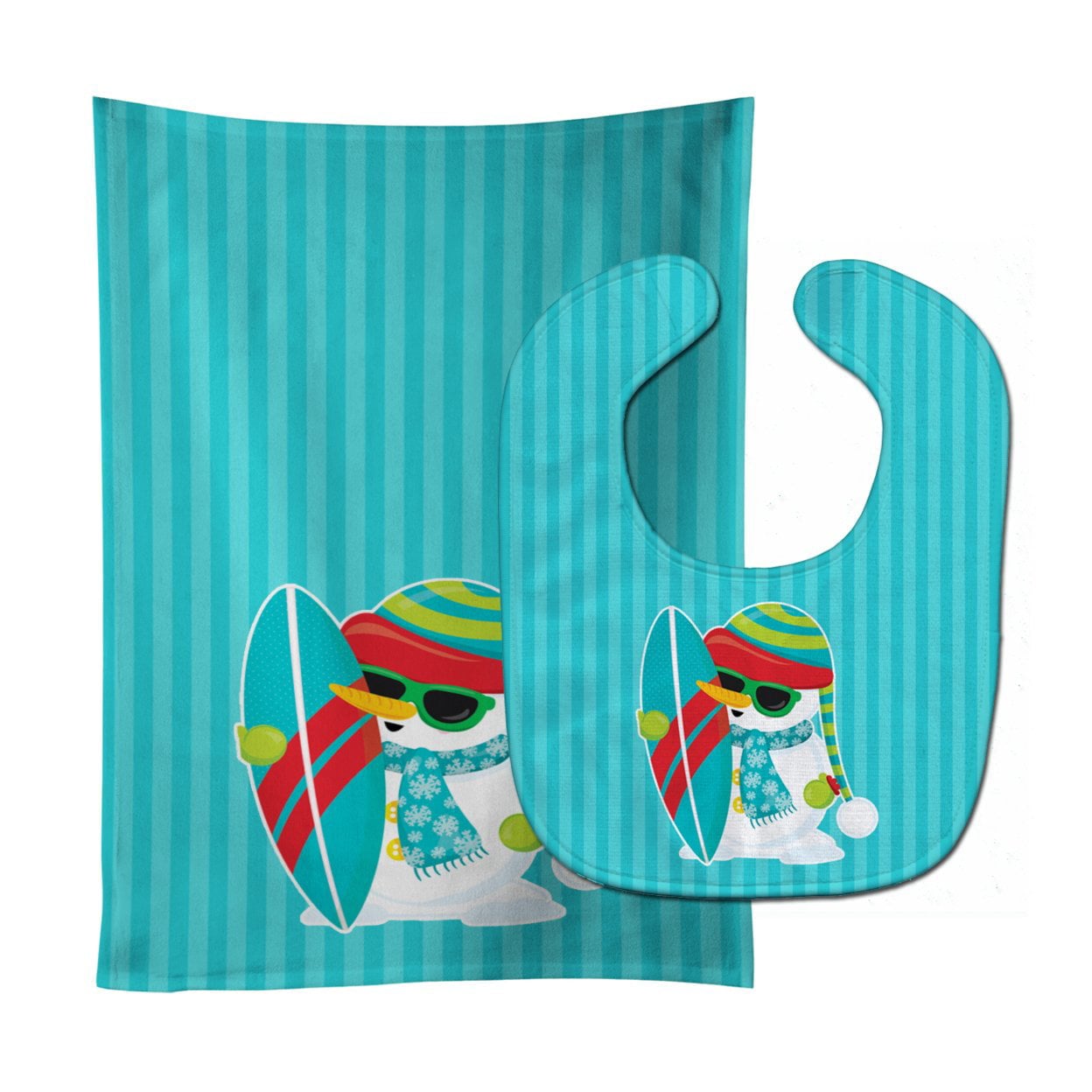 Beach Snowman Surfer Baby Bib & Burp Cloth