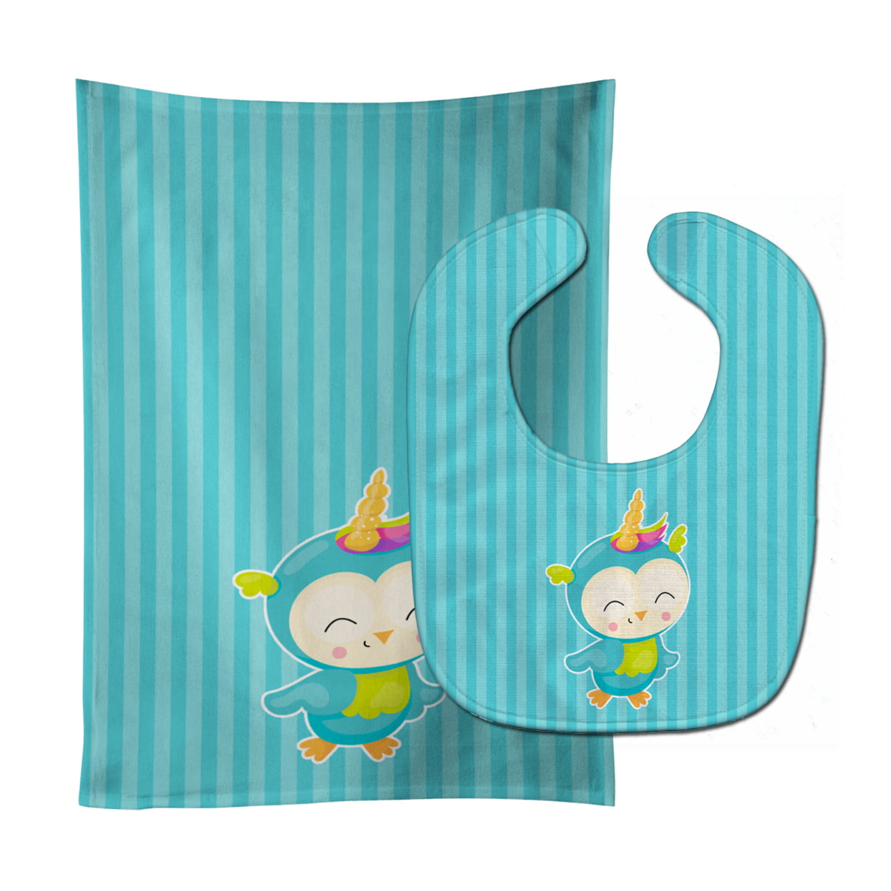 Bird Unicorn on Blue Stripes Baby Bib & Burp Cloth