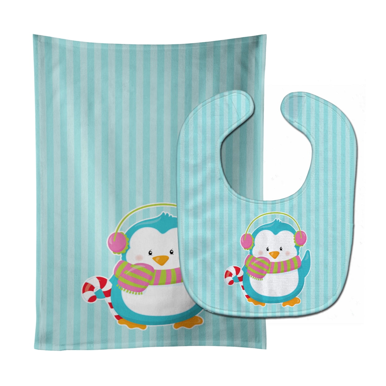Christmas Penguin & Stripes Baby Bib & Burp Cloth