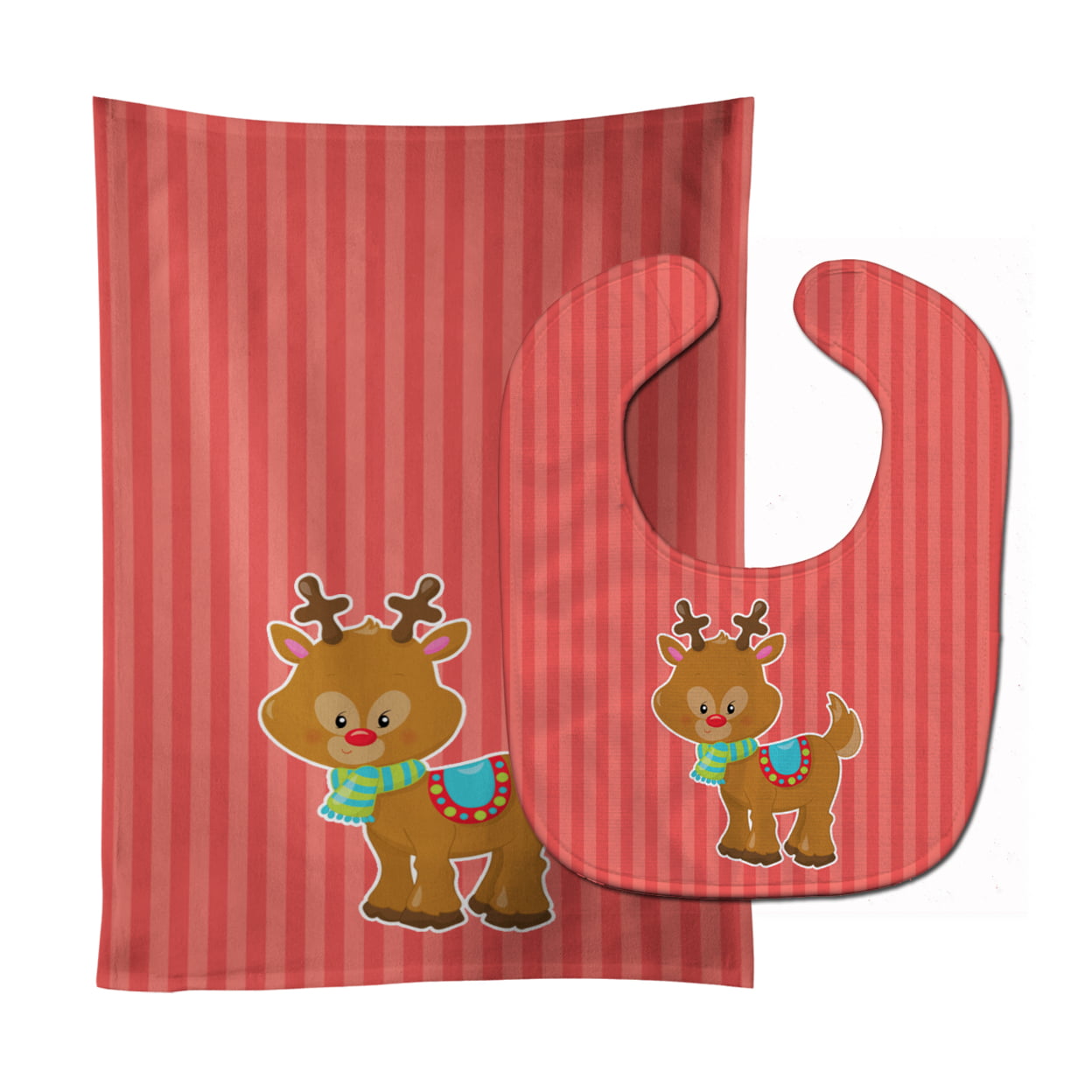 Christmas Reindeer & Stripes Baby Bib & Burp Cloth