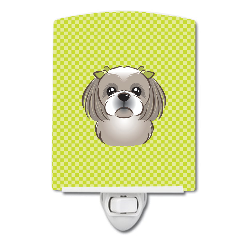 Checkerboard Lime Green Gray Silver Shih Tzu Ceramic Night Light