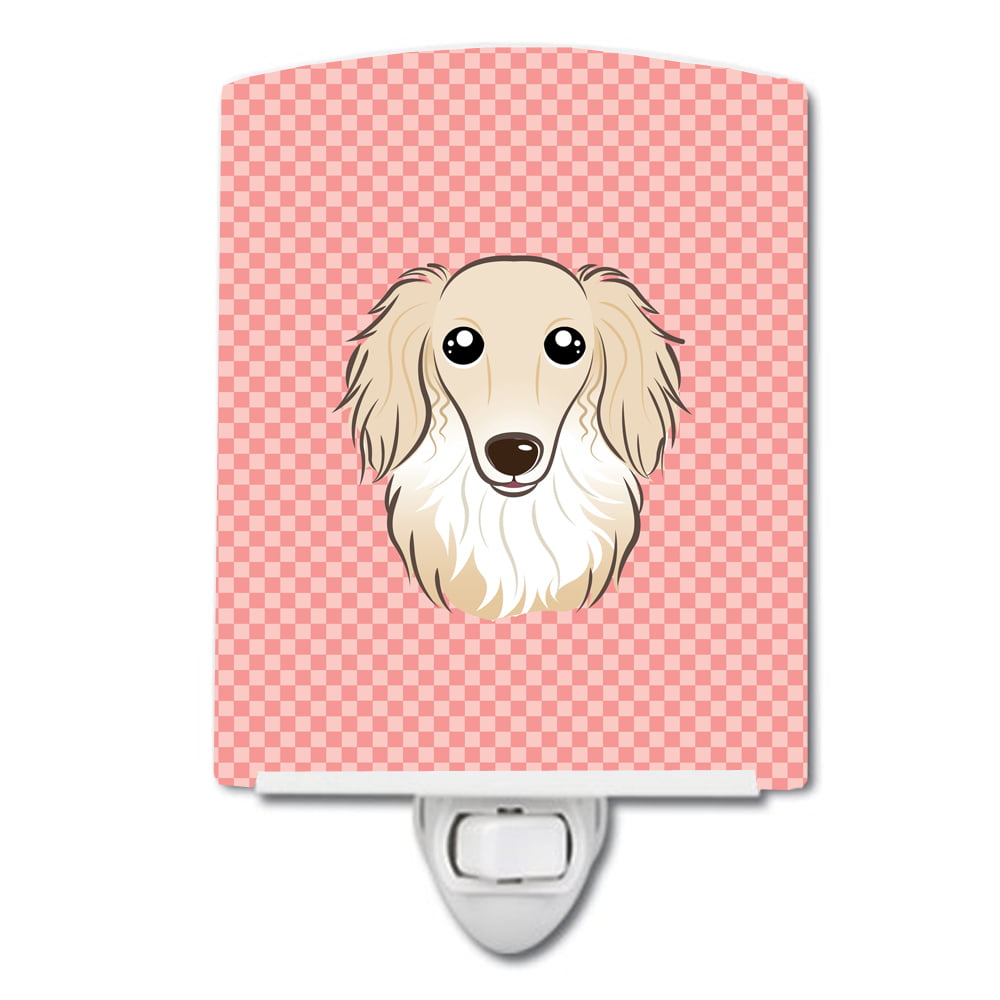 Checkerboard Pink Longhair Creme Dachshund Ceramic Night Light