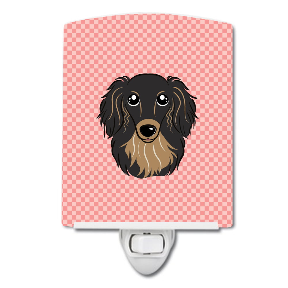 Checkerboard Pink Longhair Black & Tan Dachshund Ceramic Night Light