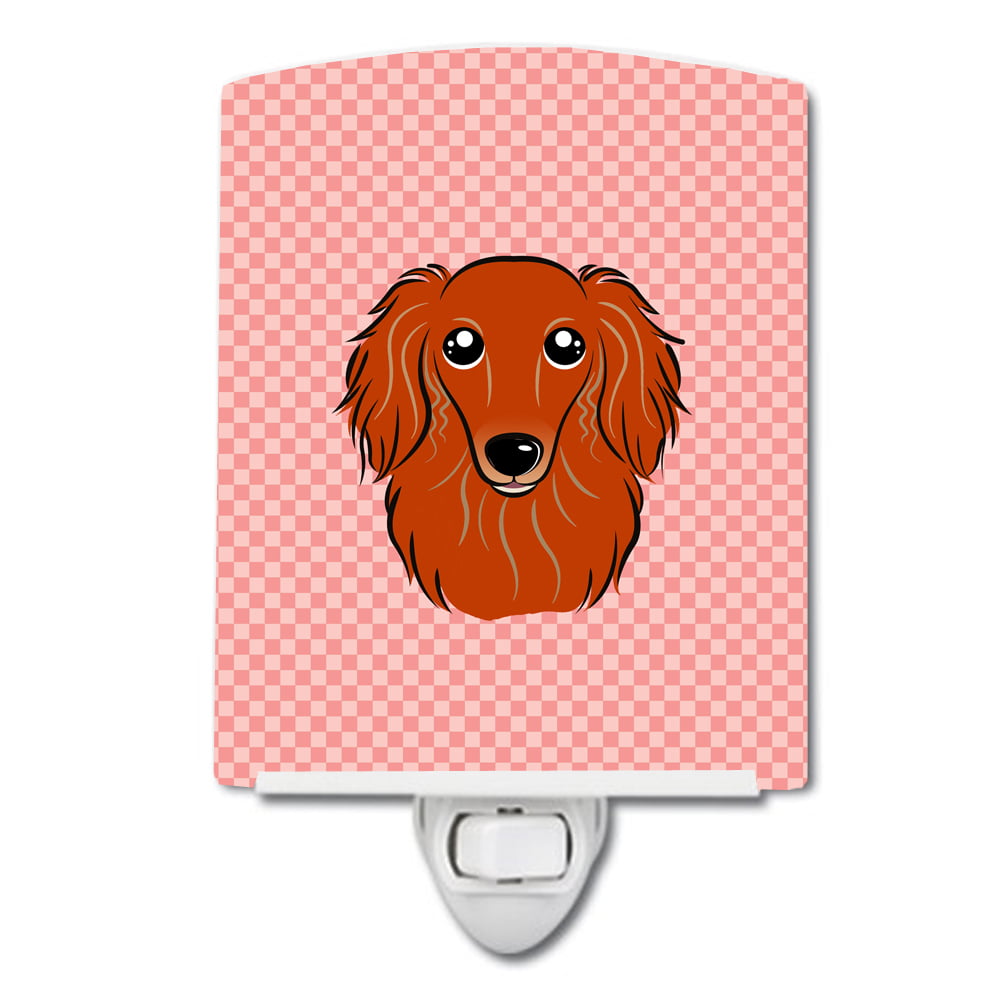 Checkerboard Pink Longhair Red Dachshund Ceramic Night Light