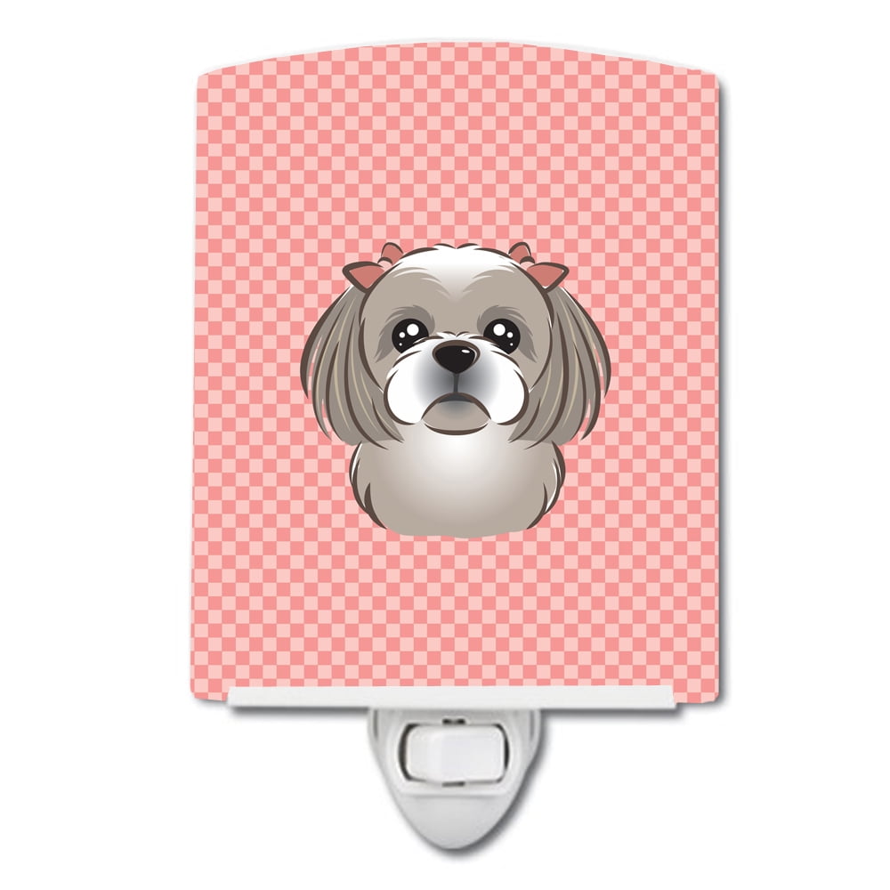 Checkerboard Pink Gray & Silver Shih Tzu Ceramic Night Light