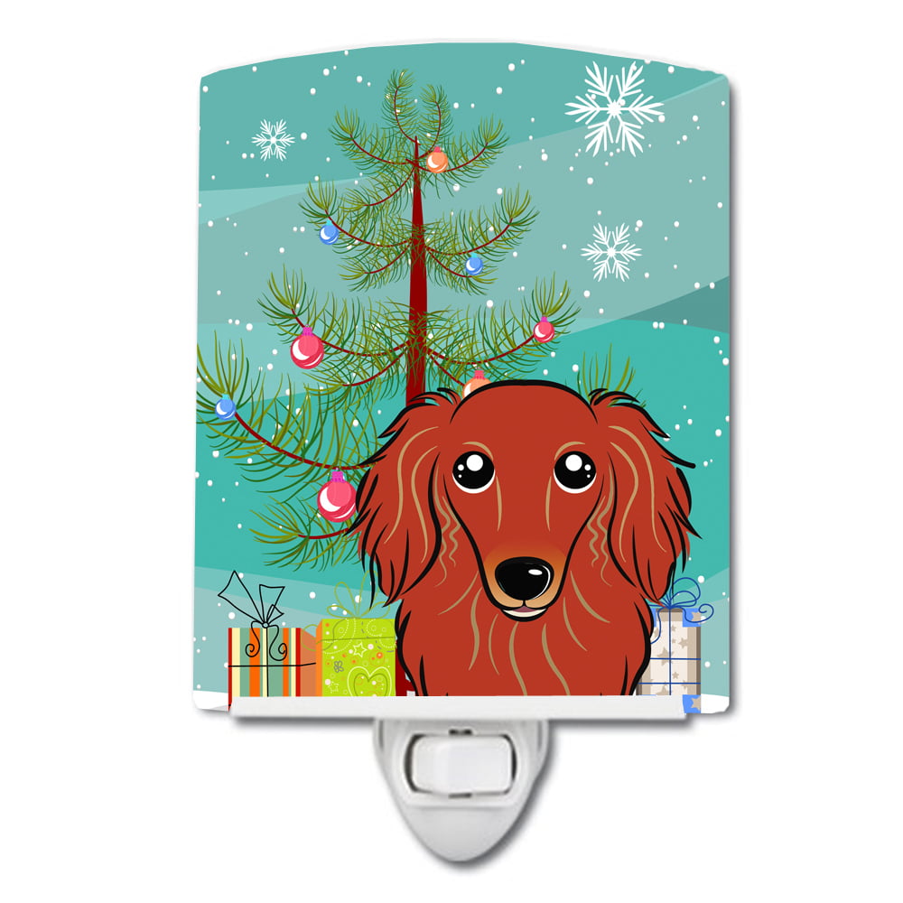Christmas Tree & Longhair Red Dachshund Ceramic Night Light