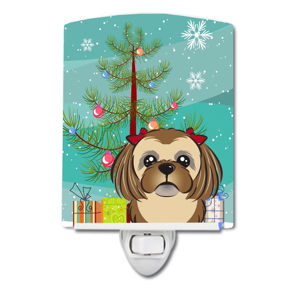 Christmas Tree & Chocolate Brown Shih Tzu Ceramic Night Light