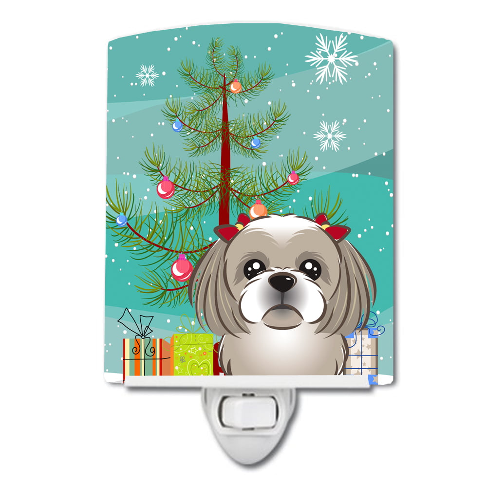 Christmas Tree & Gray Silver Shih Tzu Ceramic Night Light
