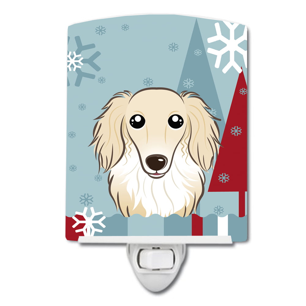 Winter Holiday Longhair Creme Dachshund Ceramic Night Light