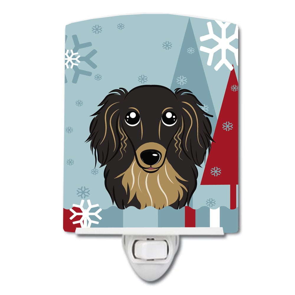 Winter Holiday Longhair Black & Tan Dachshund Ceramic Night Light