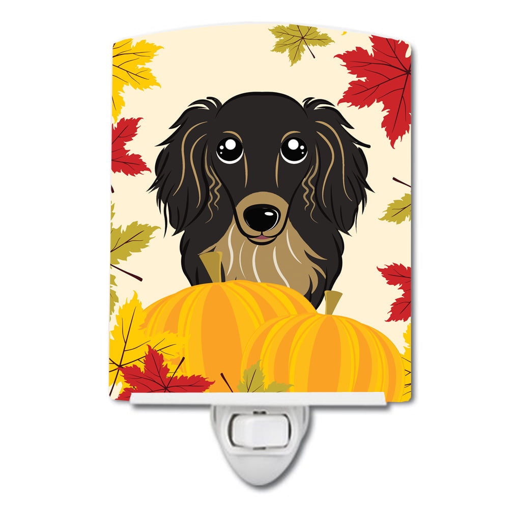 Longhair Black & Tan Dachshund Thanksgiving Ceramic Night Light