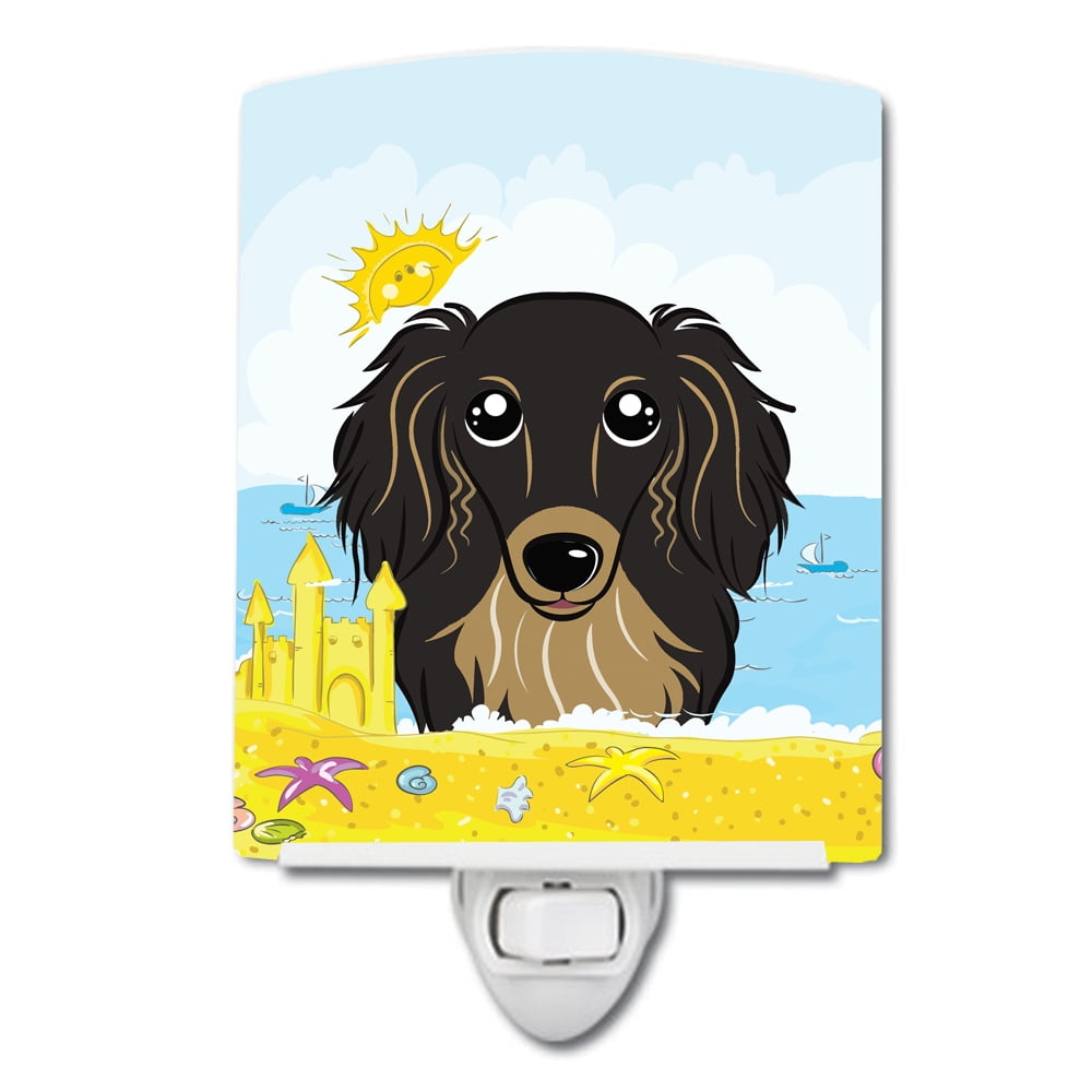 Longhair Black & Tan Dachshund Summer Beach Ceramic Night Light