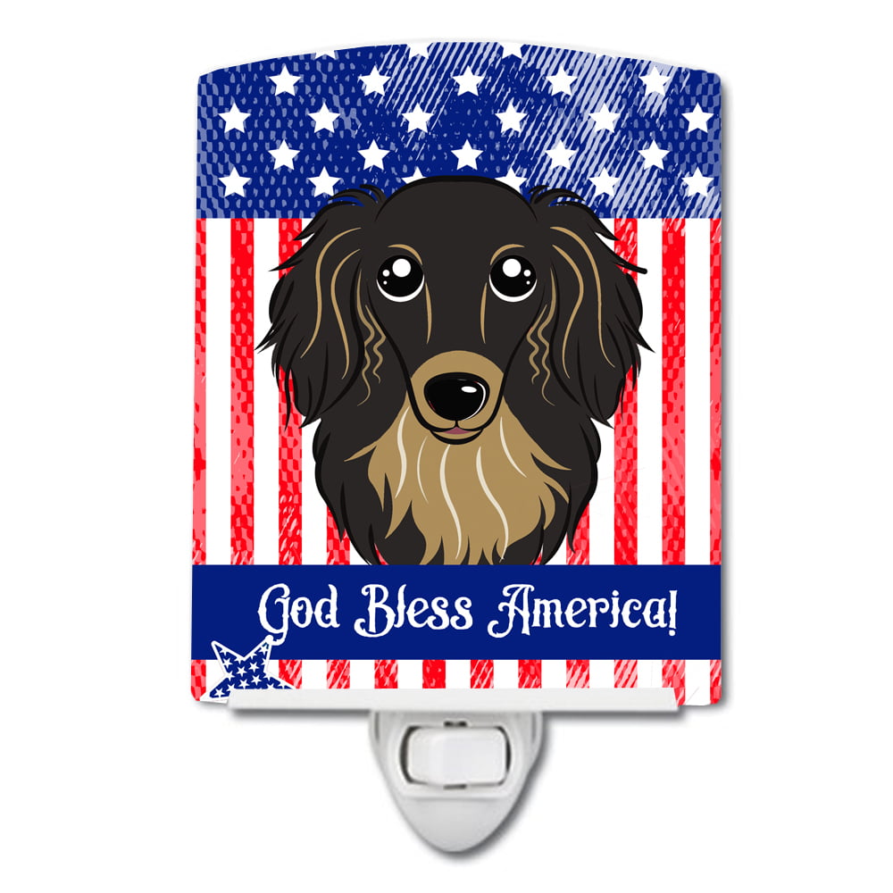 American Flag & Longhair Black & Tan Dachshund Ceramic Night Light