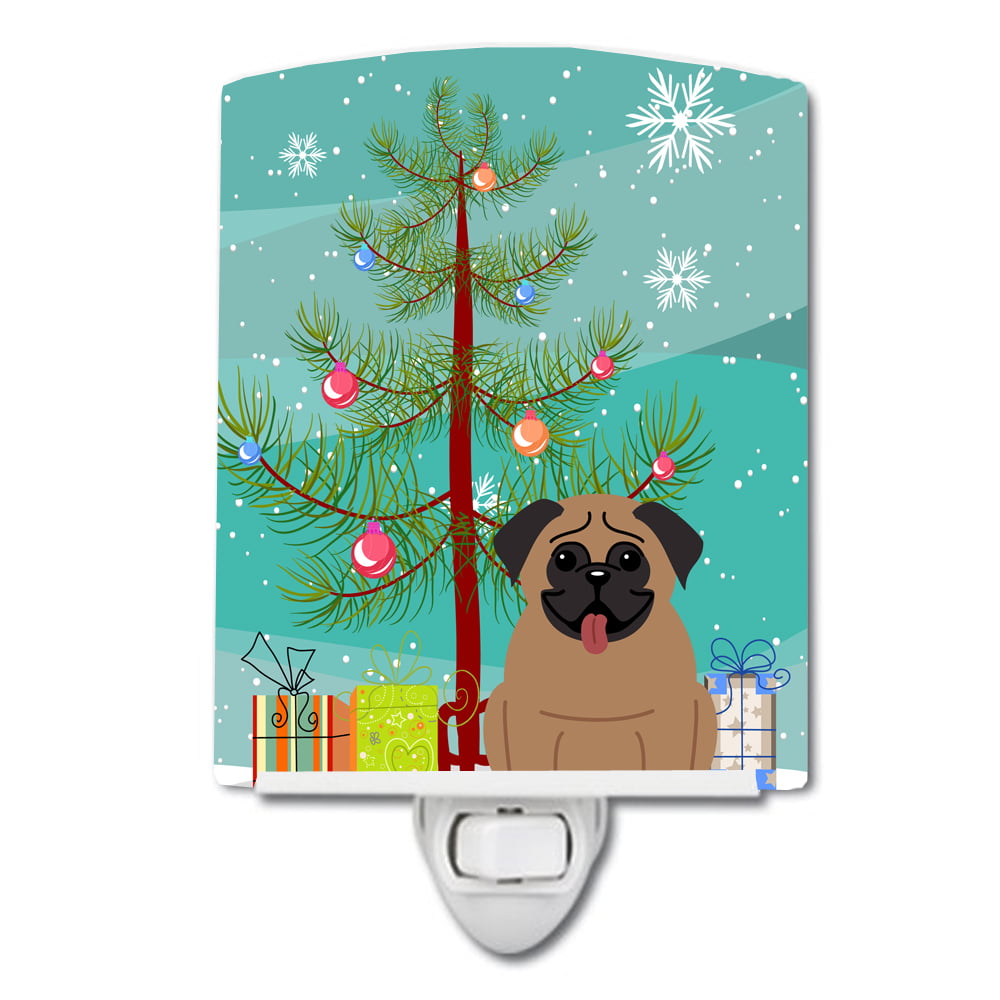 Merry Christmas Tree Pug Brown Ceramic Night Light