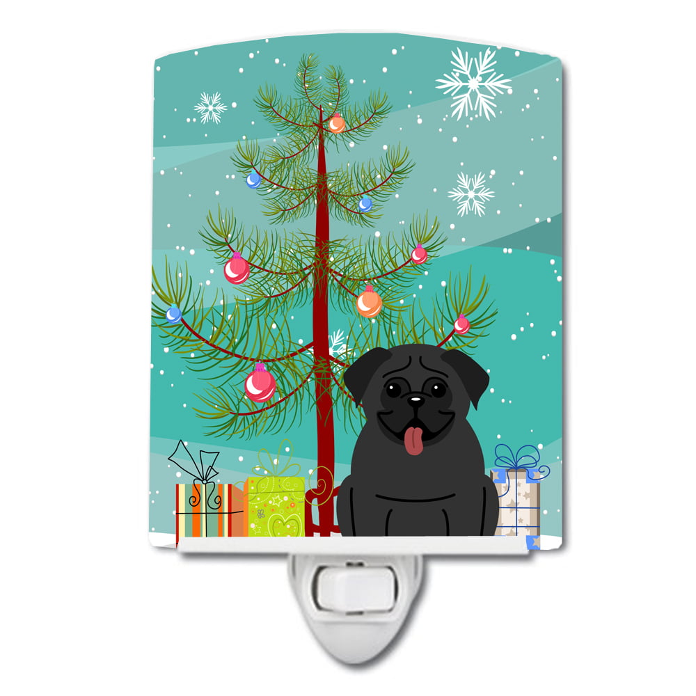 Merry Christmas Tree Pug Black Ceramic Night Light