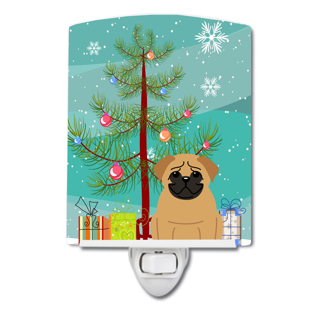 BB4132CNL Merry Christmas Tree Pug Brown Ceramic Night Light