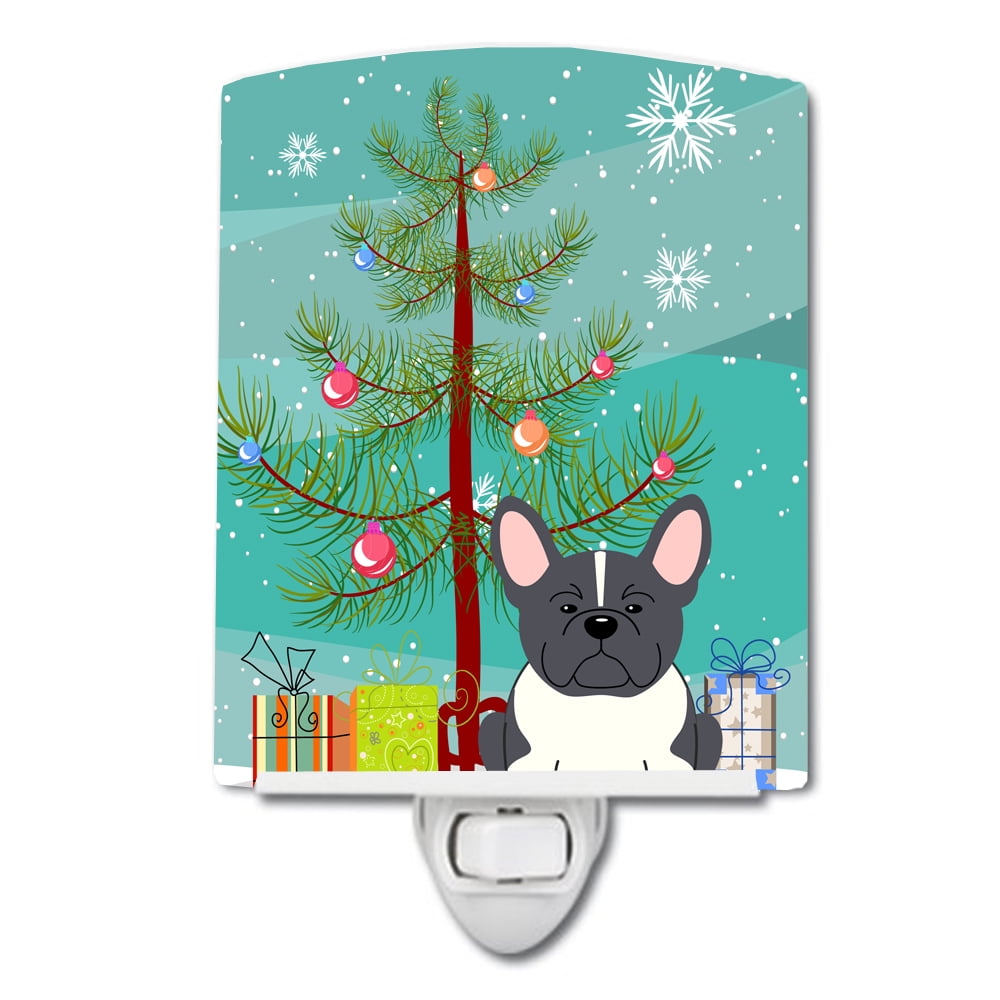 Merry Christmas Tree French Bulldog Black White Ceramic Night Light