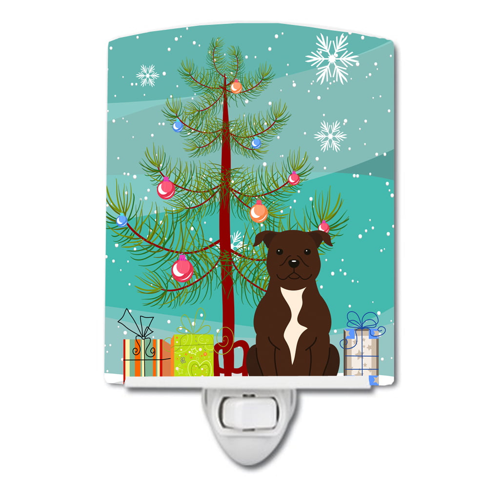 Merry Christmas Tree Staffordshire Bull Terrier Chocolate Ceramic Night Light
