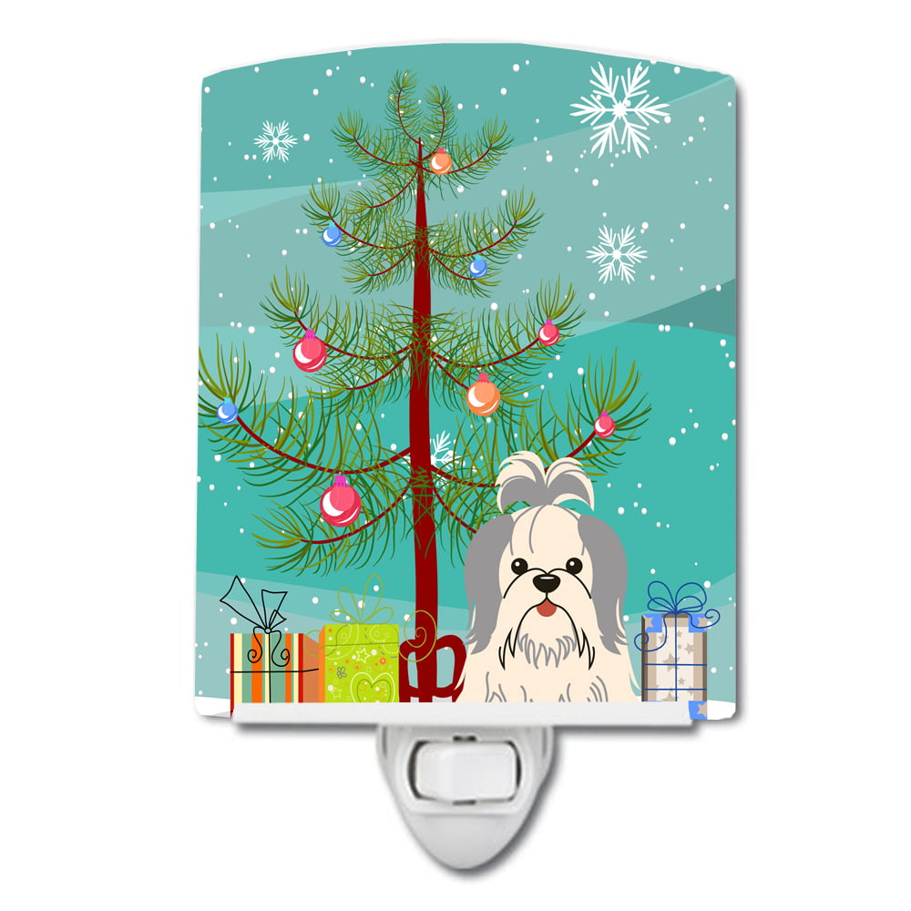 Merry Christmas Tree Shih Tzu Silver White Ceramic Night Light