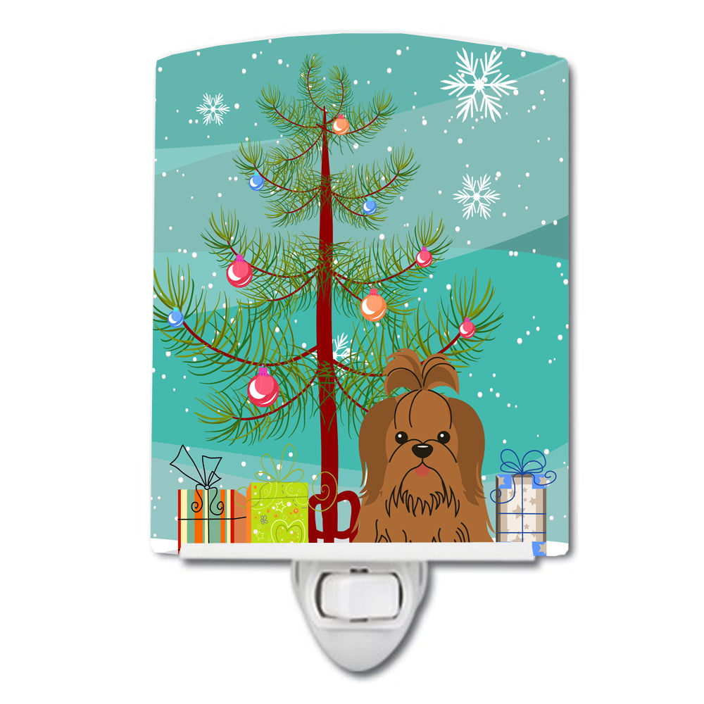 Merry Christmas Tree Shih Tzu Silver Chocolate Ceramic Night Light